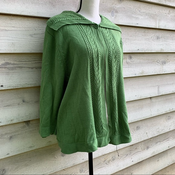 True Vintage 70s Green Peter Pan Collar 3/4 Sleeve Baby Doll Cardigan Sweater - Picture 2 of 16